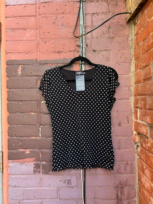 Y2K Vintage Black & White Polka Dot Mesh Flutter Sleeve Tee / Size L
