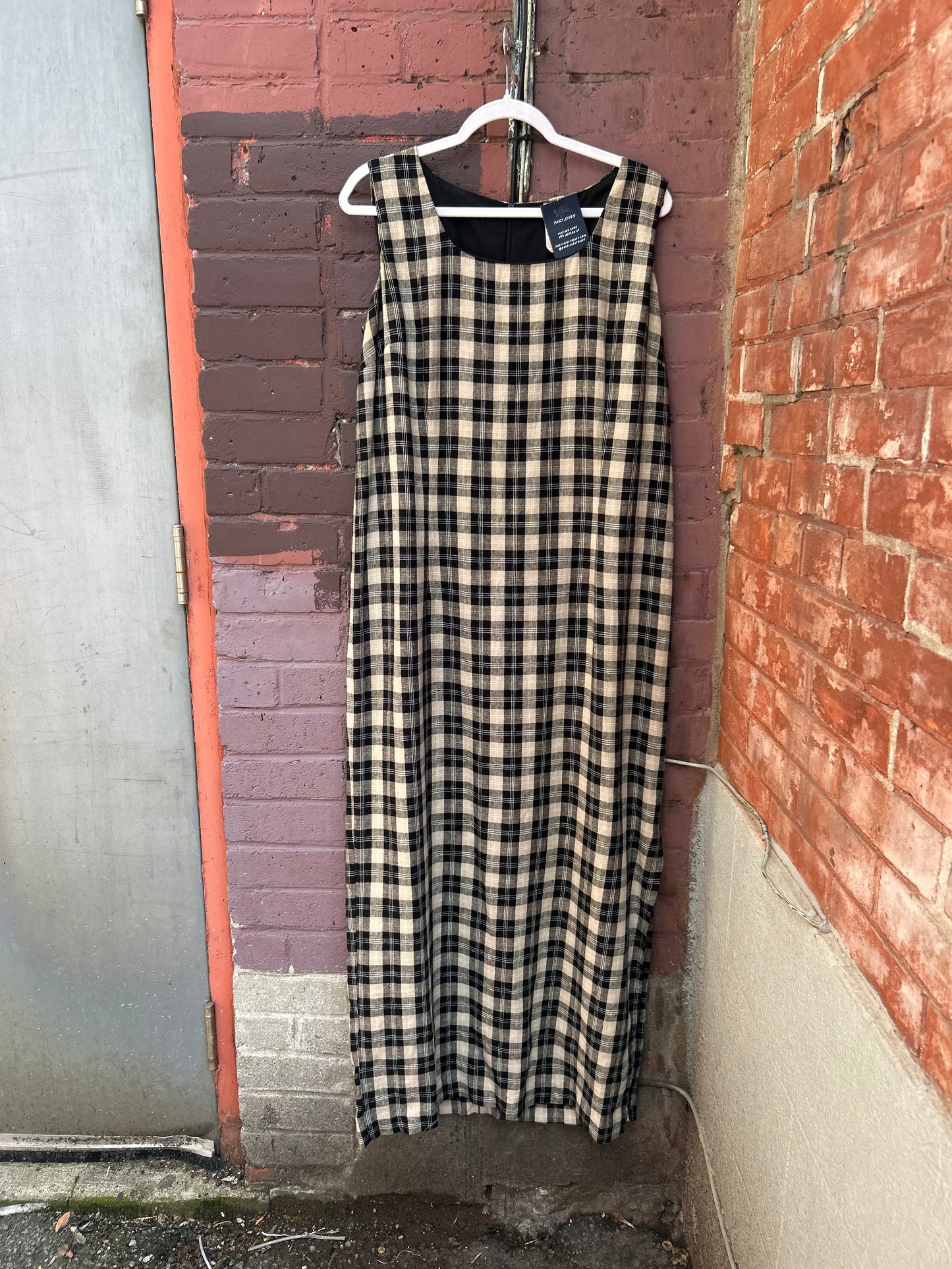 90's Vintage Beige Plaid Linen Blend Maxi Dress / Size 18