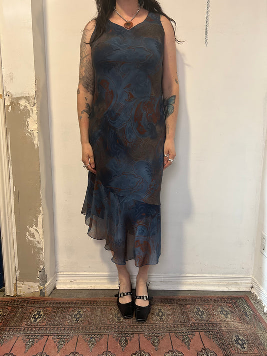 90’s Vintage Blue & Brown Paisley Asymmetrical Maxi Dress / Size M-L