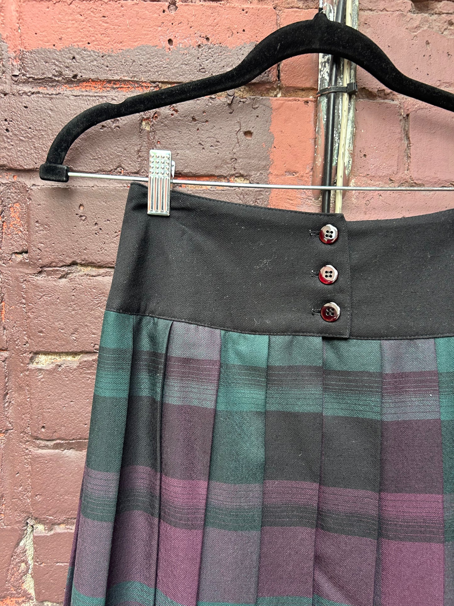 90's Vintage Purple & Green Pleated Wool Maxi Skirt / 26 Waist