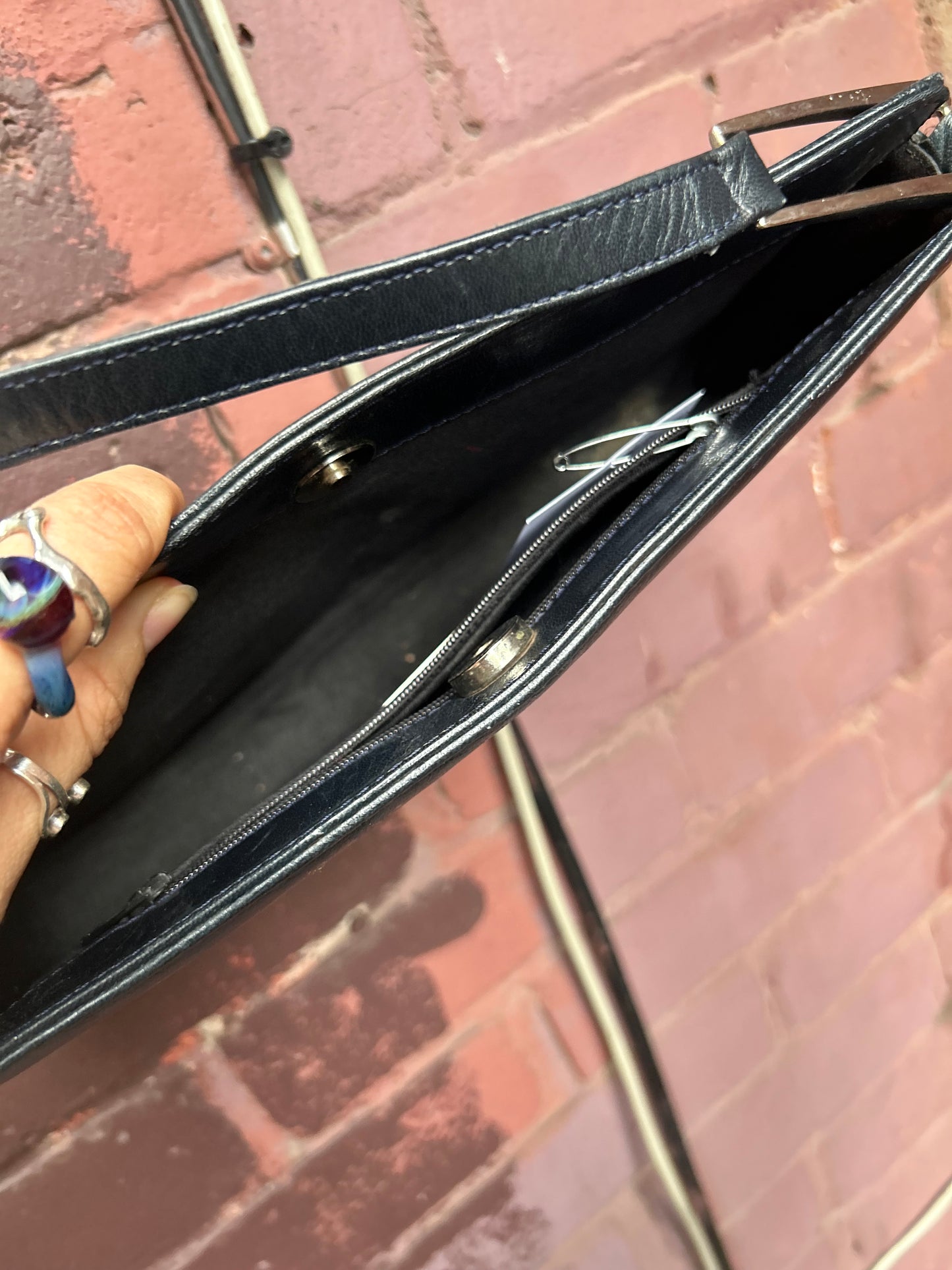 90's Vintage Midnight Navy Leather Studded Shoulder Purse