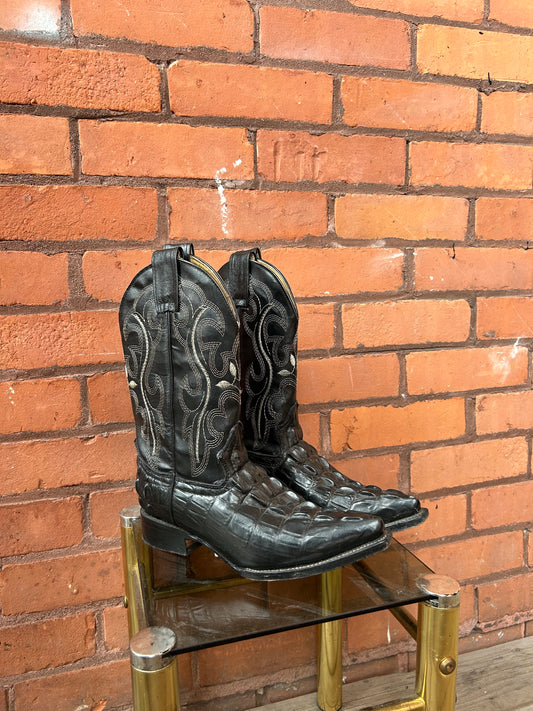 90’s Vintage Black Croc Leather Cowboy Boots / Size 6.5