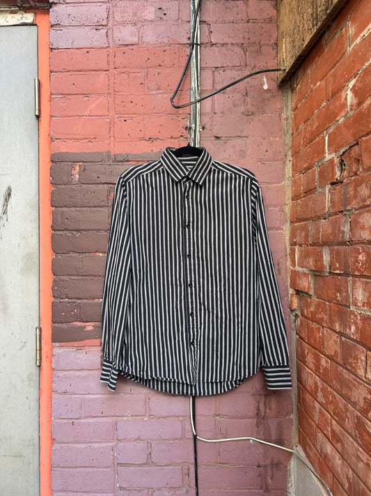90's Vintage Grey & Black Striped Cotton Button Down Shirt / Size S