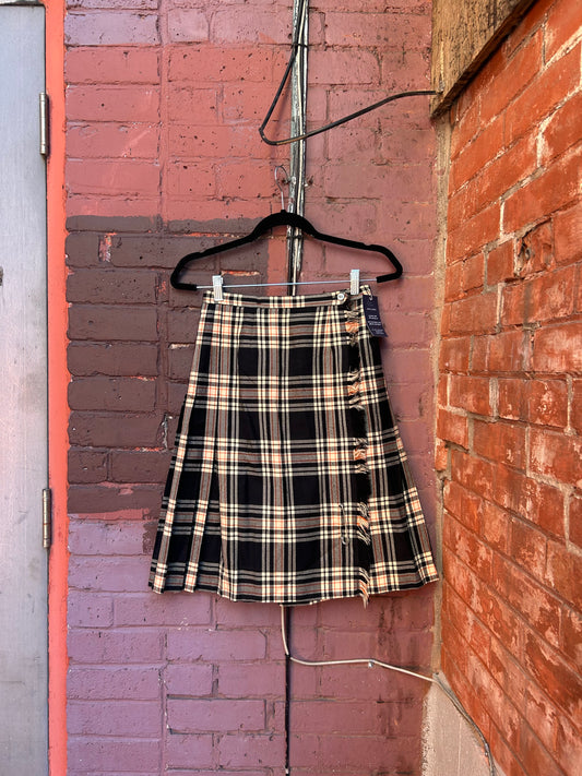80's Vintage Black & Orange Tartan Wool Midi Skirt / 26 Waist