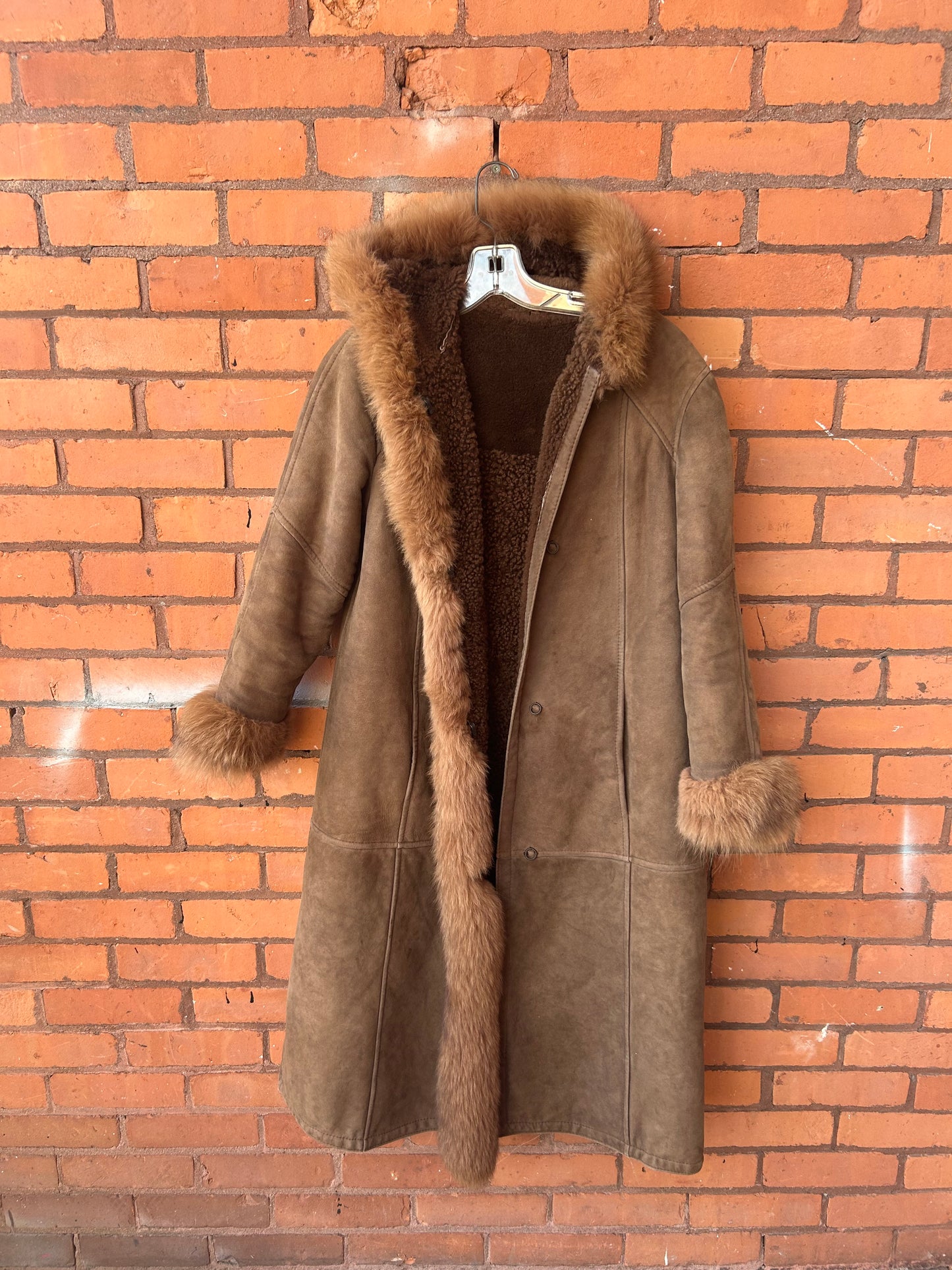 80’s Vintage Brown Sheepskin & Fur Trim Hooded Coat / Size S