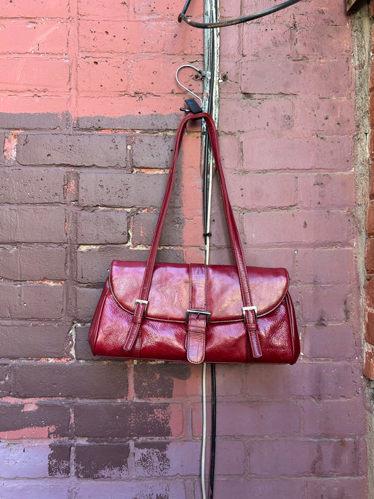 90’s Vintage Faux Red Leather Buckle Shoulder Purse
