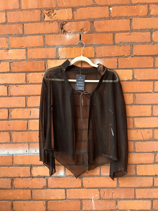 90’s Vintage Sheer Bronze & Black Mesh Tie Blouse / Size L