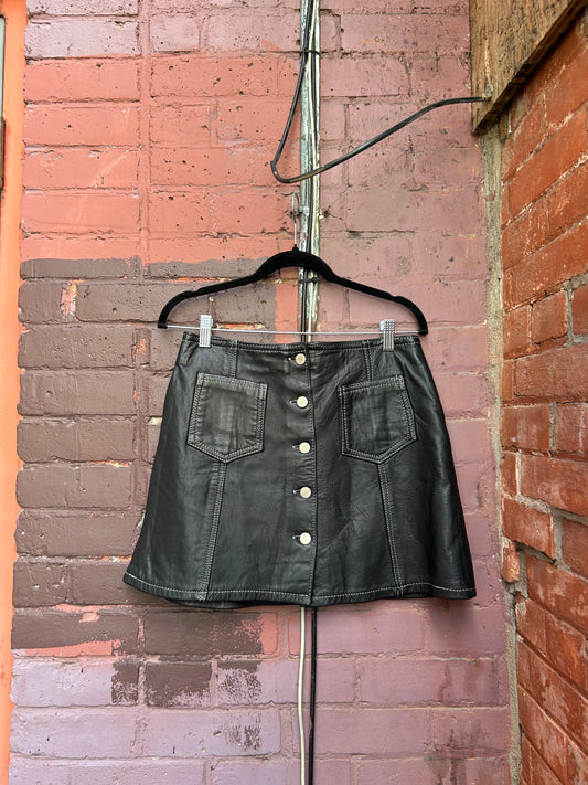 90's Vintage Black Leather Button Down Mini Skirt / 30 Waist
