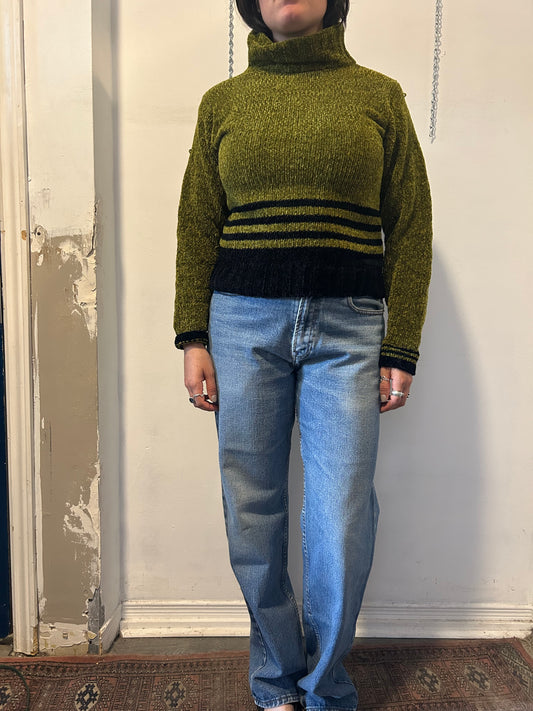 90’s Vintage Green & Black Striped Chenille Turtleneck Sweater / Size M