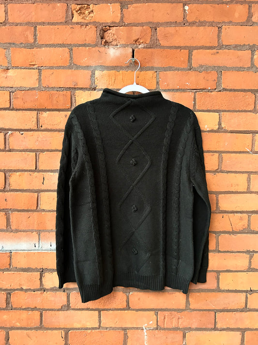 90’s Vintage Black Roll Neck Cable Knit Cotton Sweater / Size L