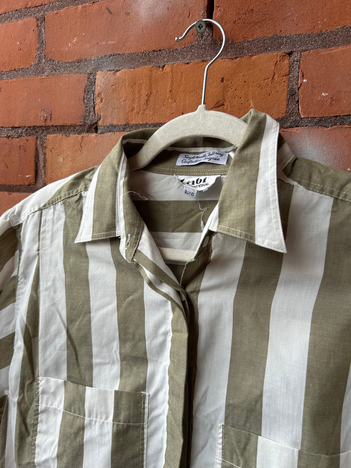 90’s Vintage Bold Olive & White Striped Short Sleeve Button Down / Size L
