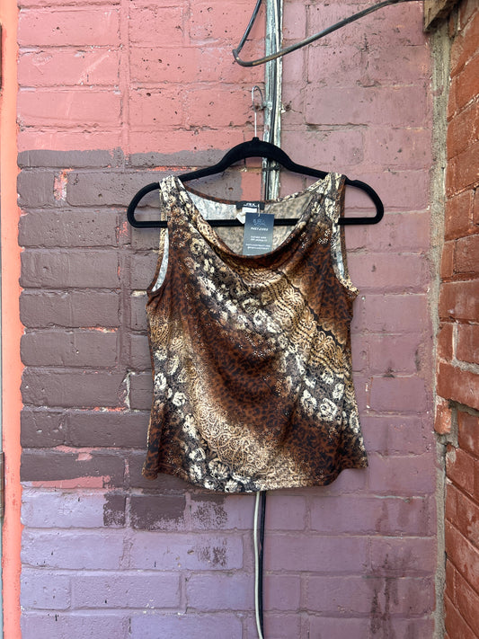 90's Vintage Leopard & Lace Print Cowl Neck Tank / Size L