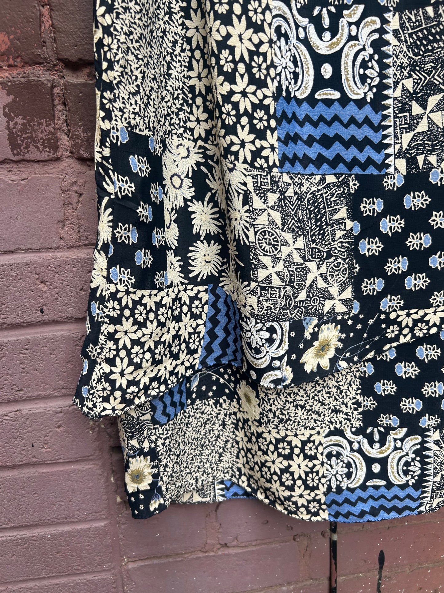 90’s Vintage Blue Patchwork Print Layered Maxi Skirt / 26-30 Waist