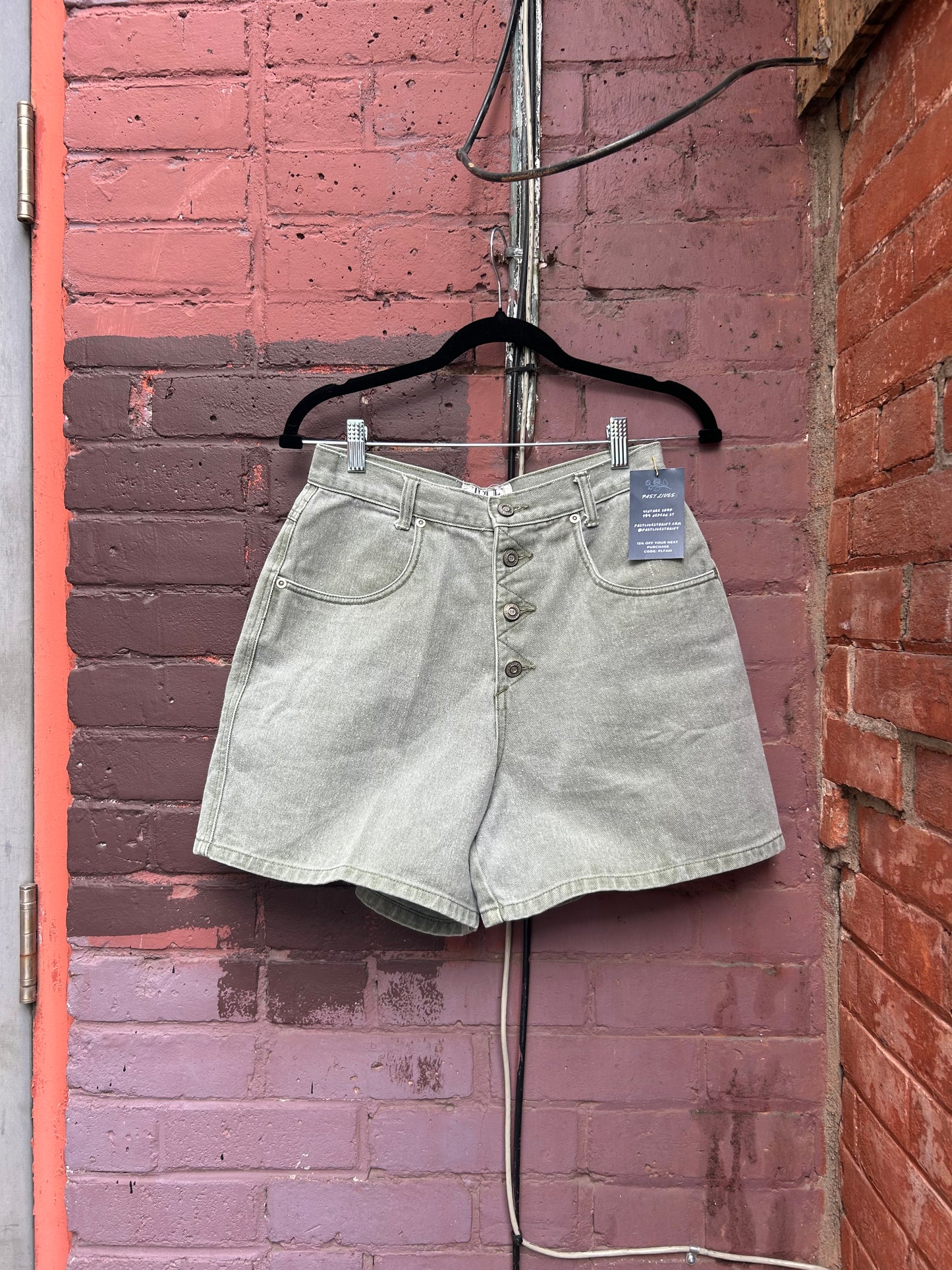 90's Vintage Green Denim Button Fly Shorts / 28 Waist