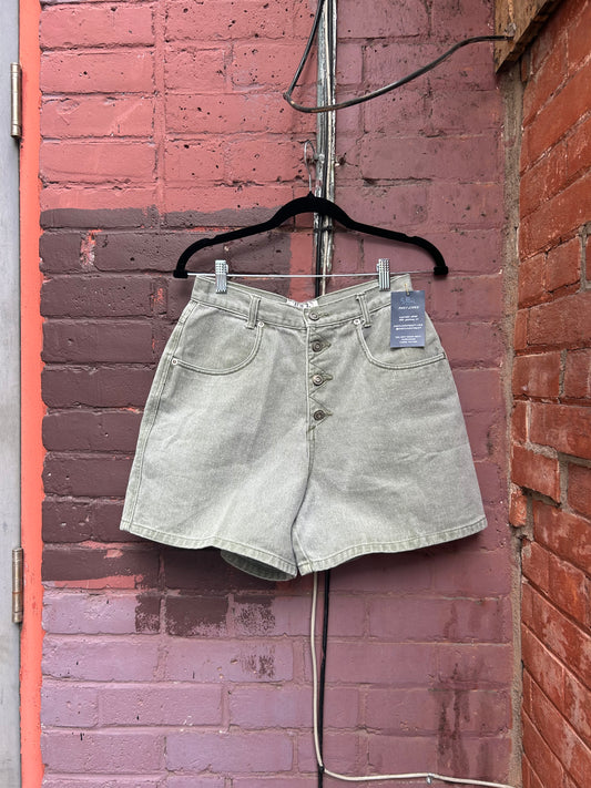 90's Vintage Green Denim Button Fly Shorts / 28 Waist
