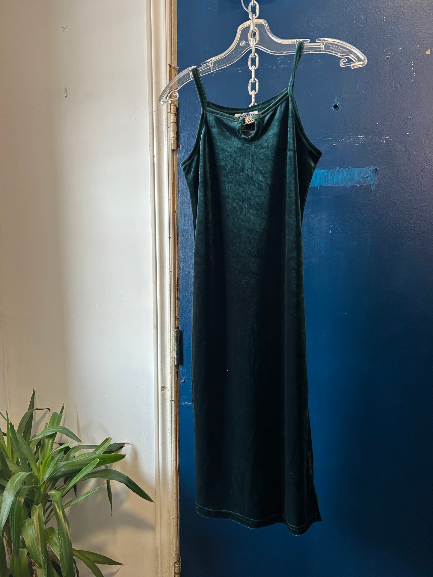 90’s Vintage Emerald Green Velvet Midi Dress / Size XS