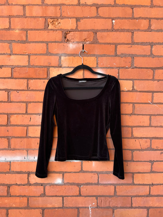 90’s Vintage Black Velvet Scoop Neck Long Sleeve Top / Size S