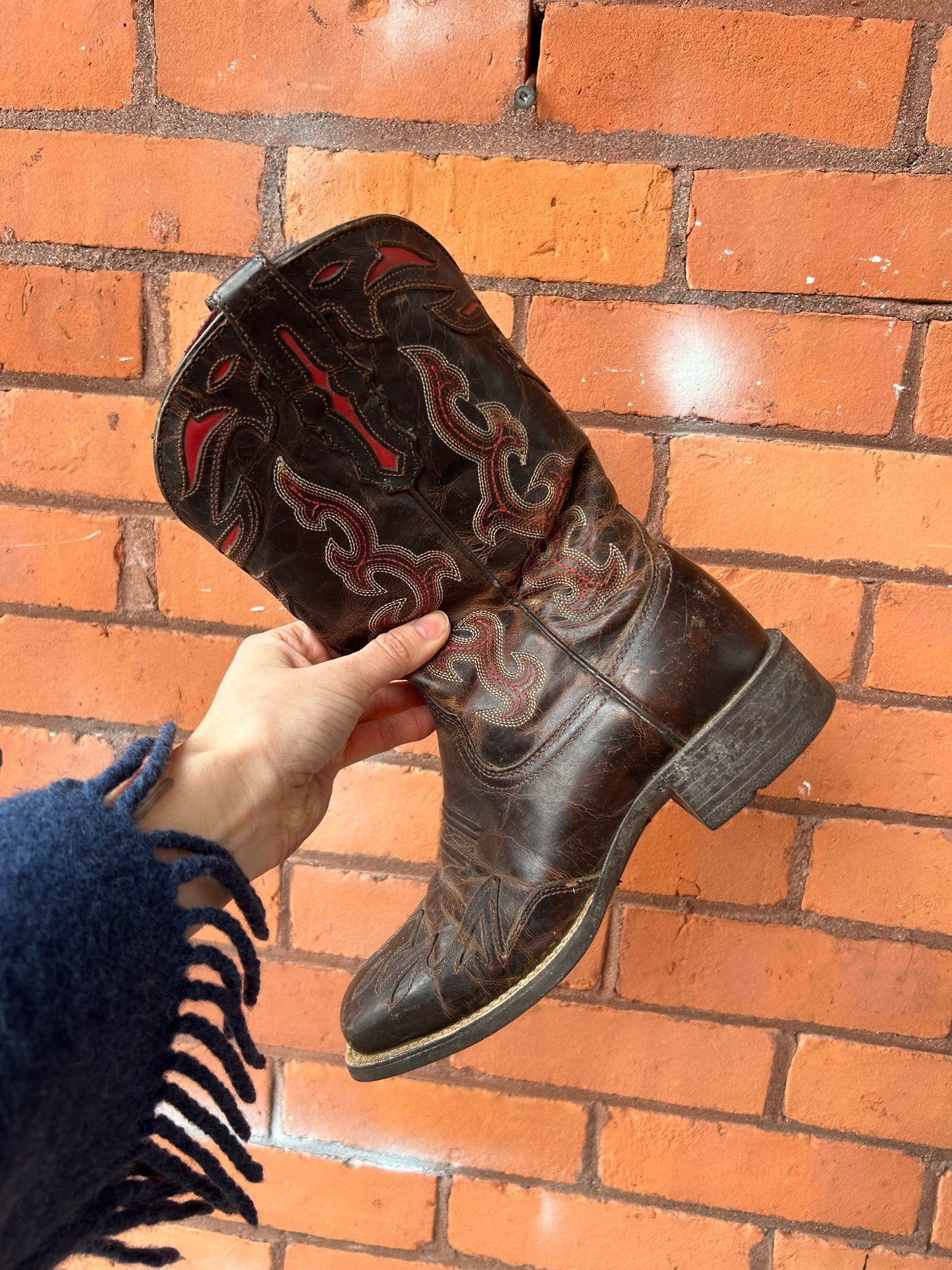 90’s Vintage Ariat Brown & Red Leather Square Toe Cowboy Boots / Size 6.5