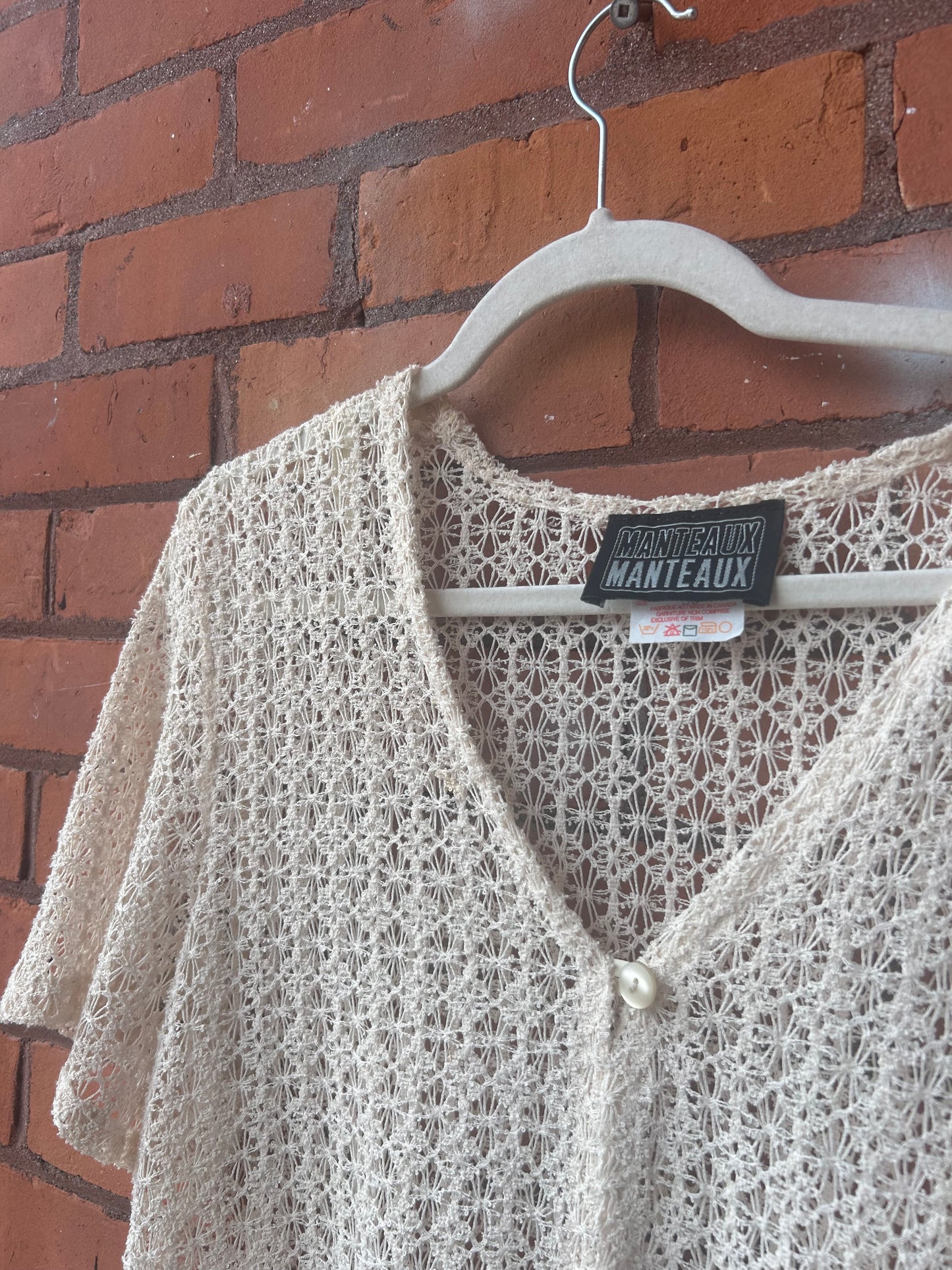 90's Vintage Cream Knit Sheer One Button Blouse / Size L