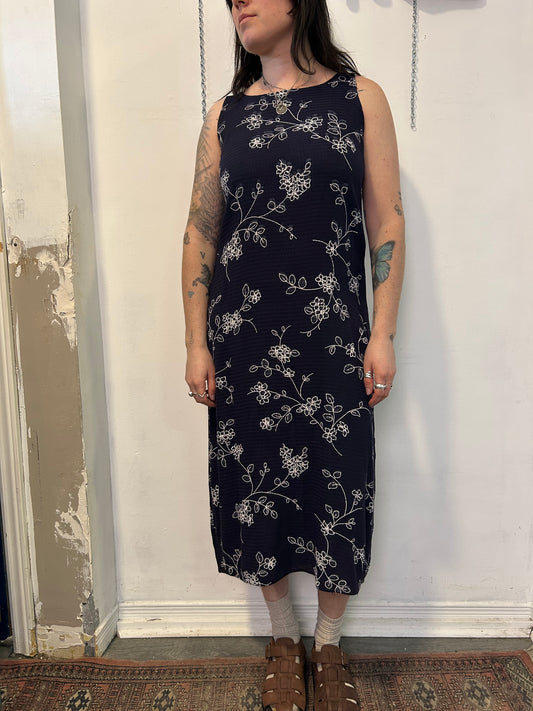 90’s Vintage Navy Floral Midi Dress / Size L