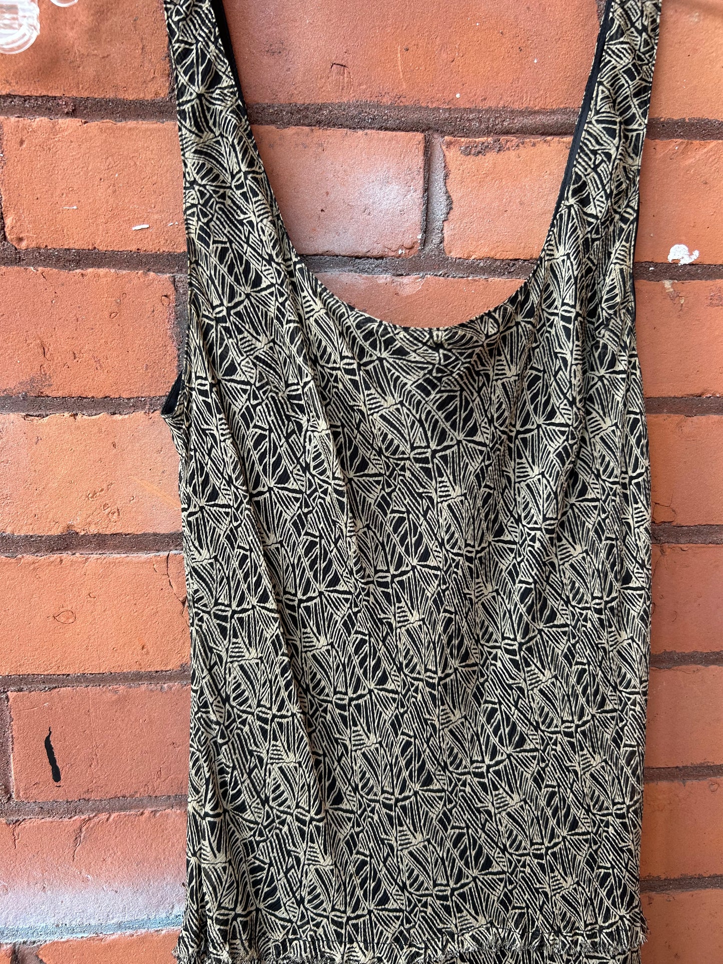 90’s Vintage Silk Beige & Black Print Tiered Maxi Dress / Size 6–8
