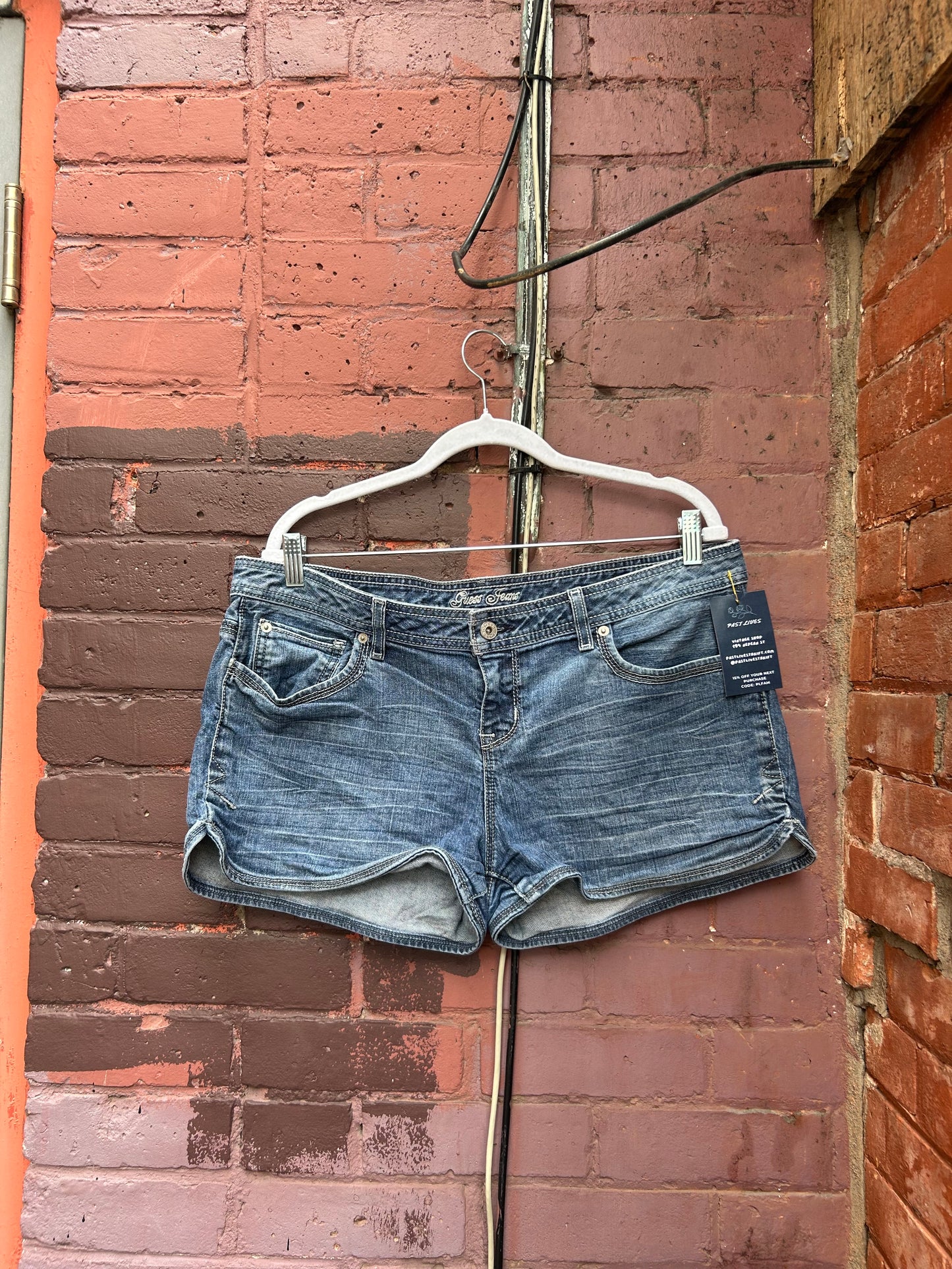 90’s Vintage Guess Low Rise Denim Mini Shorts / 38 Waist