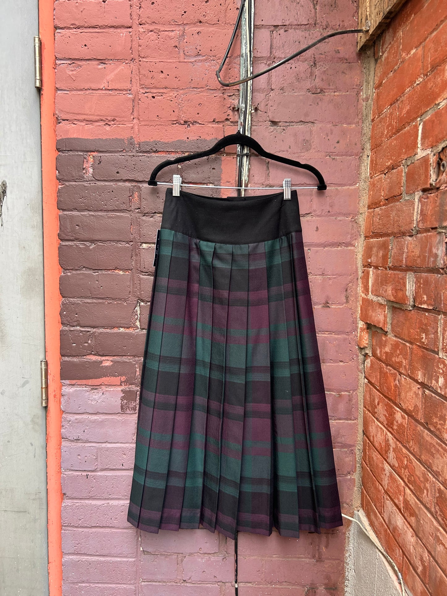 90's Vintage Purple & Green Pleated Wool Maxi Skirt / 26 Waist