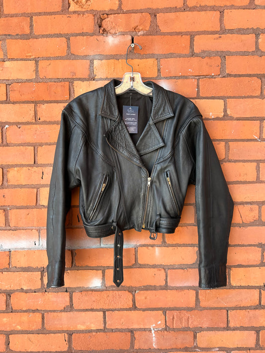 80’s Vintage Black Leather Cropped Moto Jacket / Size S