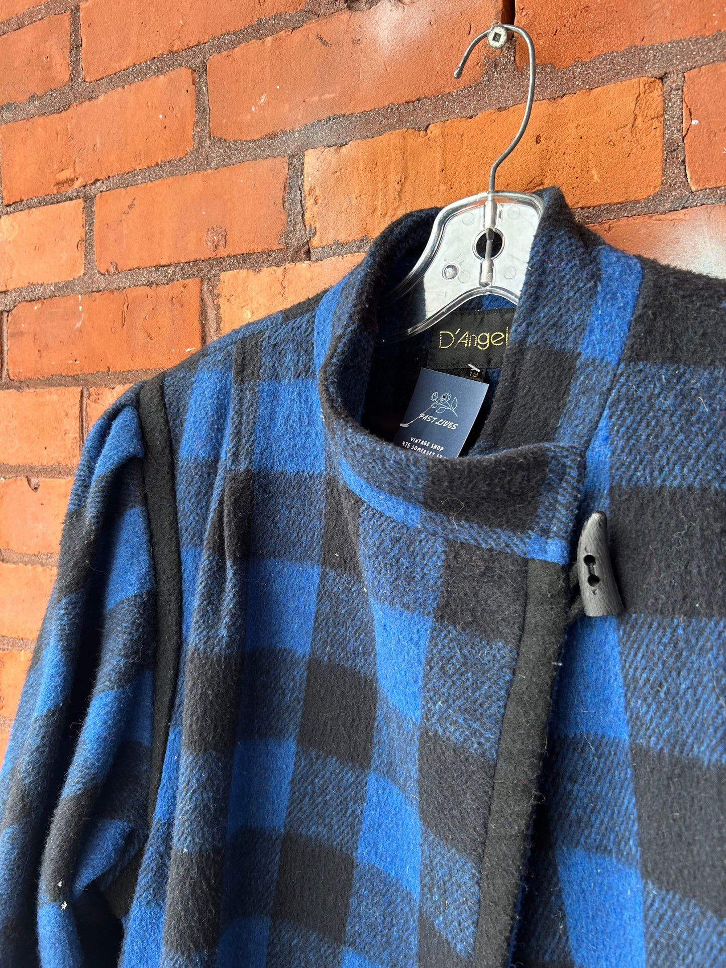 90’s Vintage Blue & Black Gingham Wool Crossover Coat / Size L-XL