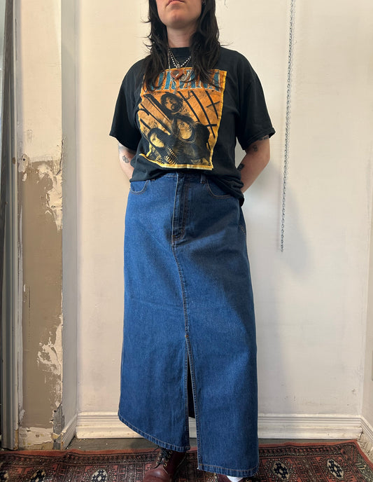 90’s Vintage Blue Denim Maxi Skirt / 32 Waist