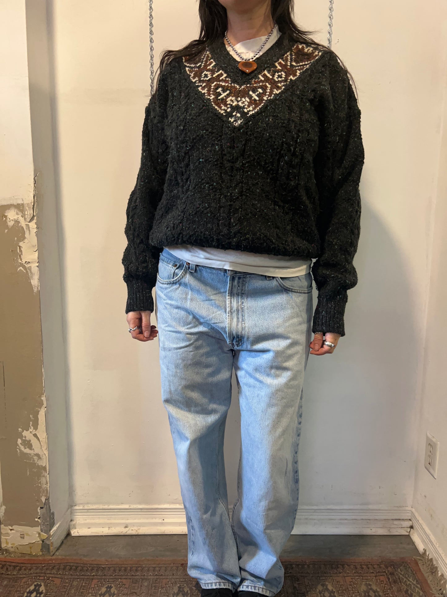 90’s Vintage Grey Fair Isle V-Neck Chunky Knit Sweater / Size XL