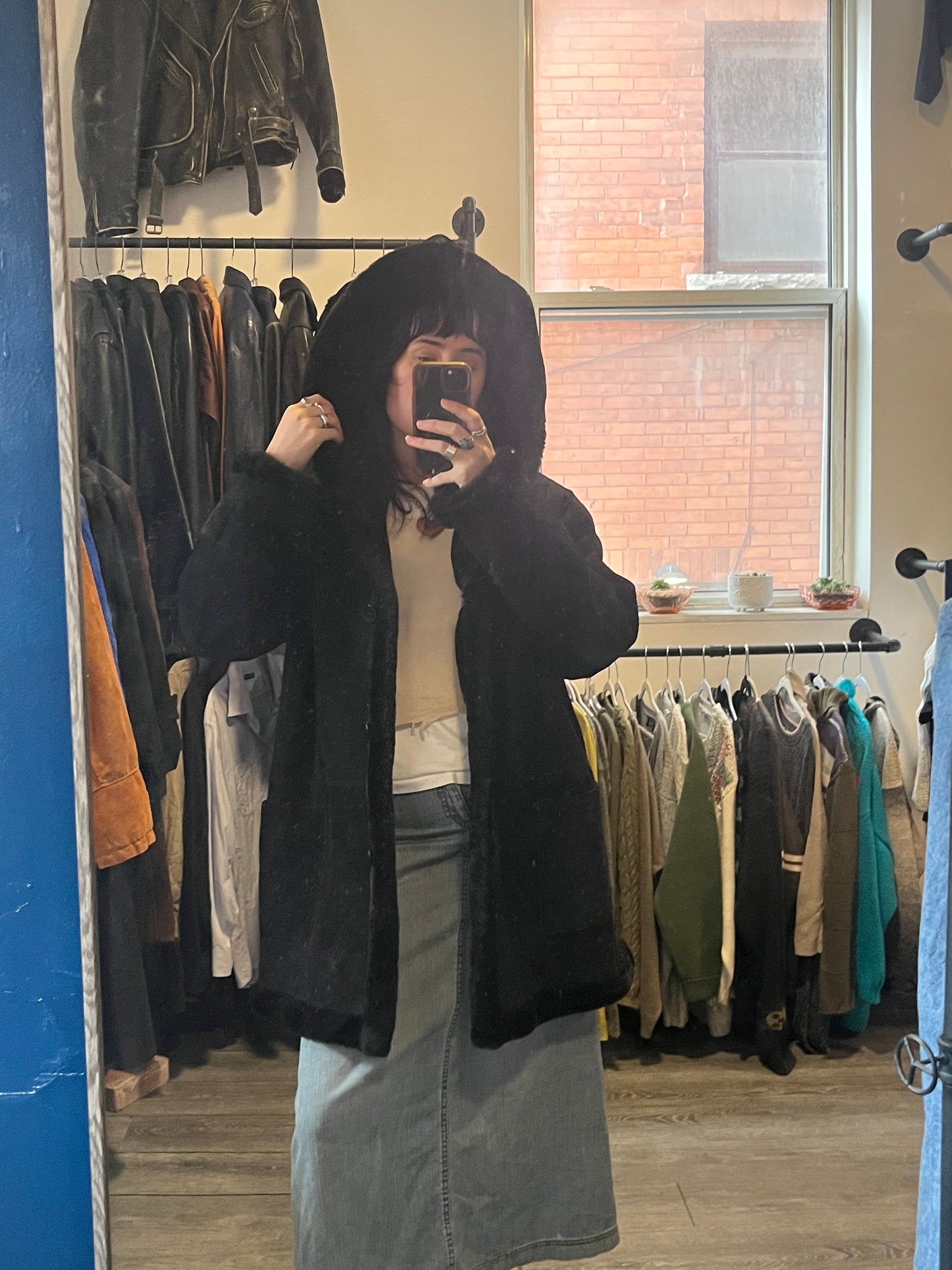 90’s Vintage Black Suede Plush Hooded Overcoat / Size L