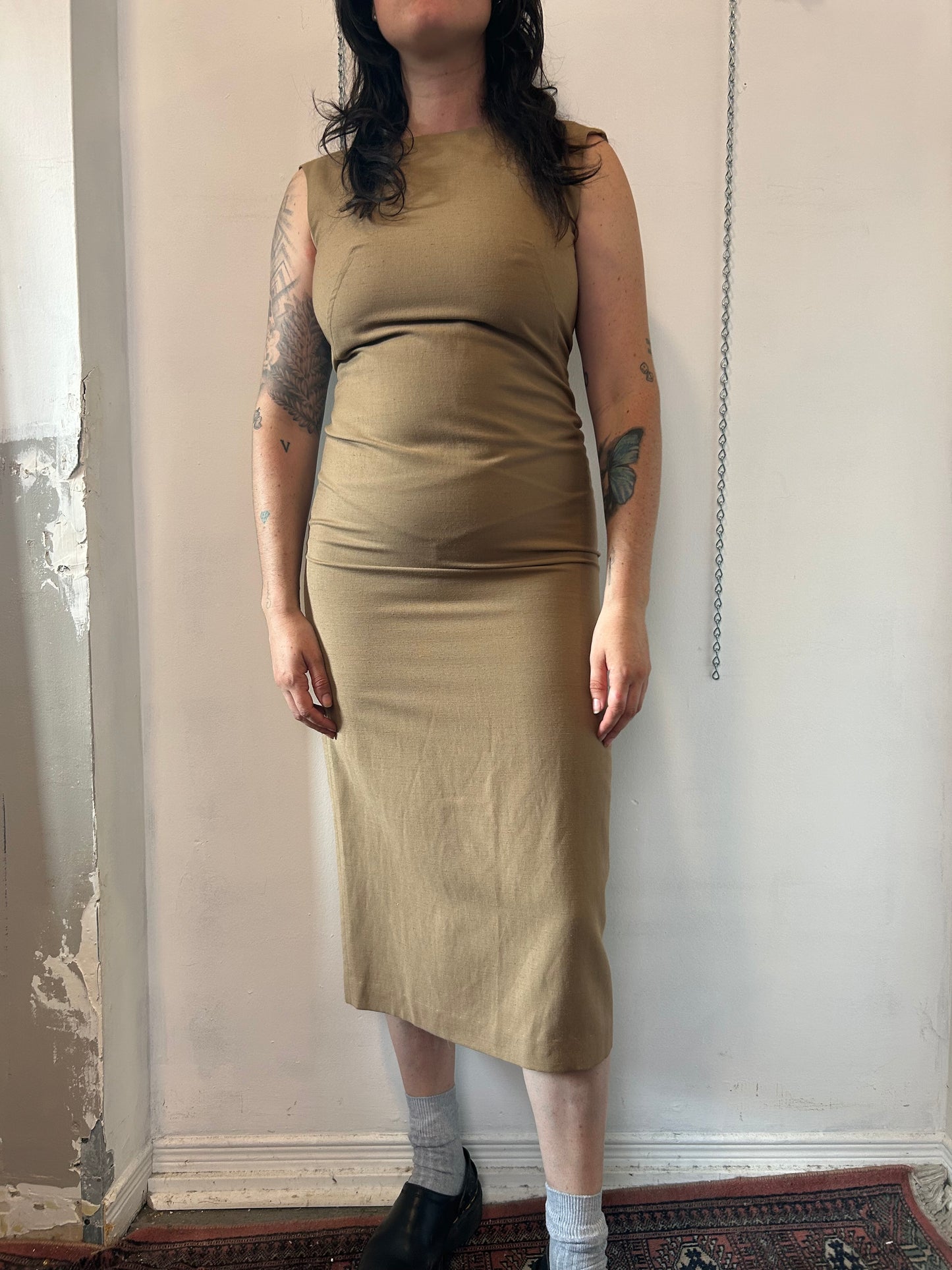 90’s Vintage Brown Linen Blend High Neck Midi Dress / Size 4