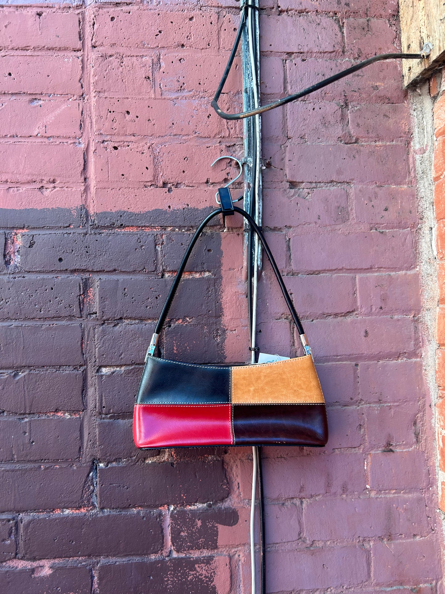 90's Vintage Red Brown & Black Colour Block Shoulder Purse