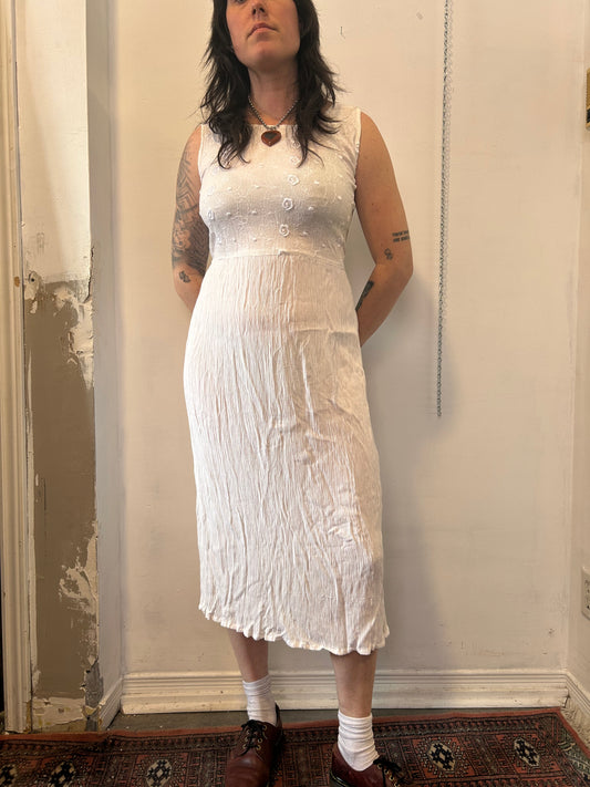Y2K Vintage White Floral Embroidered Cotton Midi Dress / Size S-M