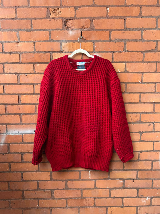 90’s Vintage Red Wool Waffle Knit Sweater / Size XL