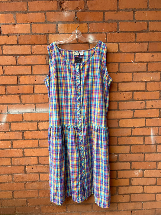 90’s Vintage Bright Plaid Cotton Button Down Maxi Dress / Size 2X-3X