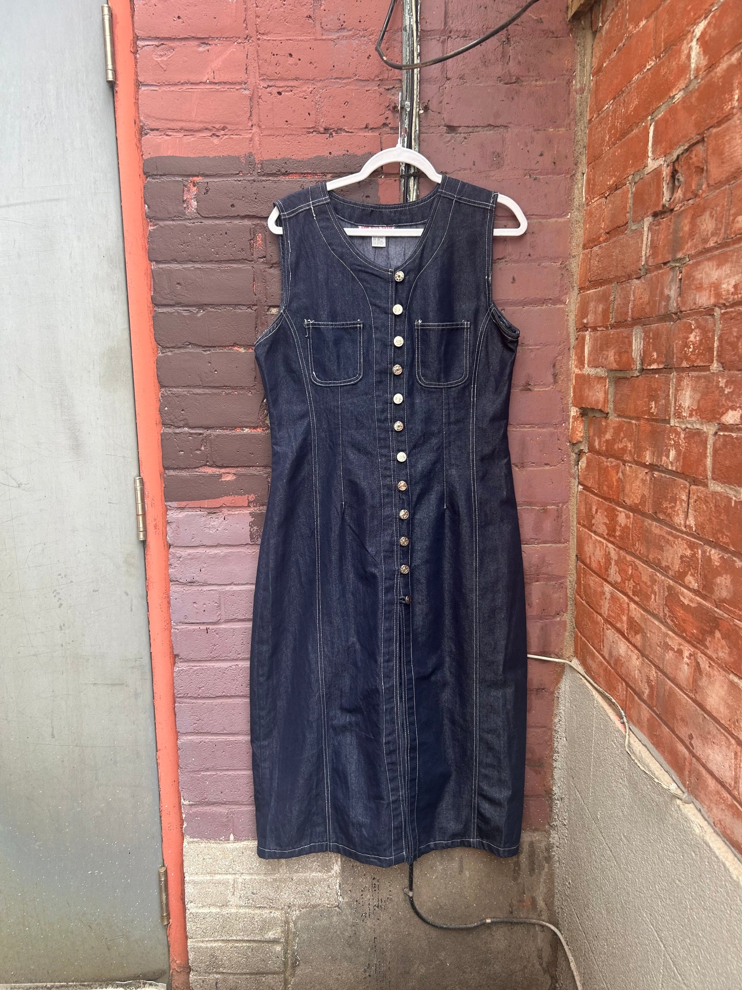 90's Vintage Dark Denim Button Down Dress / Size 16