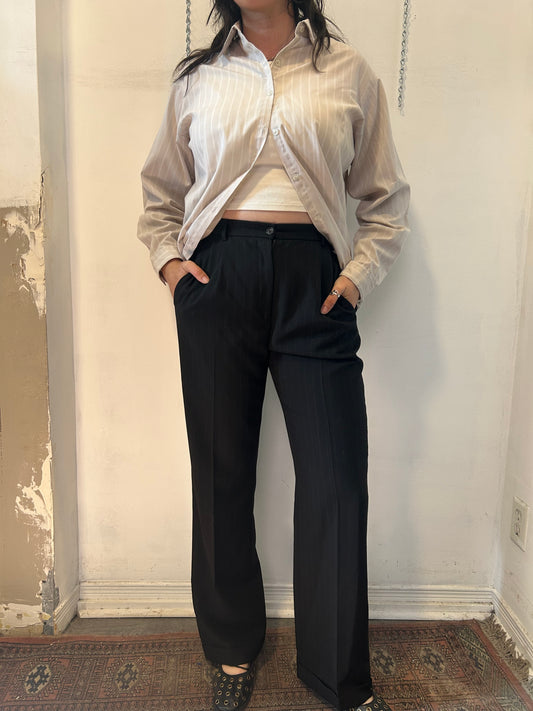 90’s Vintage Black Pinstripe Wool Trousers / 32 Waist