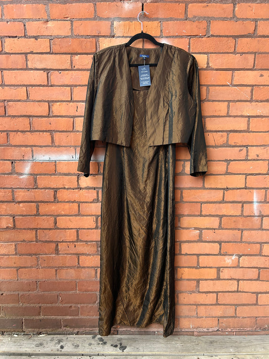 90’s Vintage Brown Metallic Square Neck Dress & Bolero Set / Size 14-16