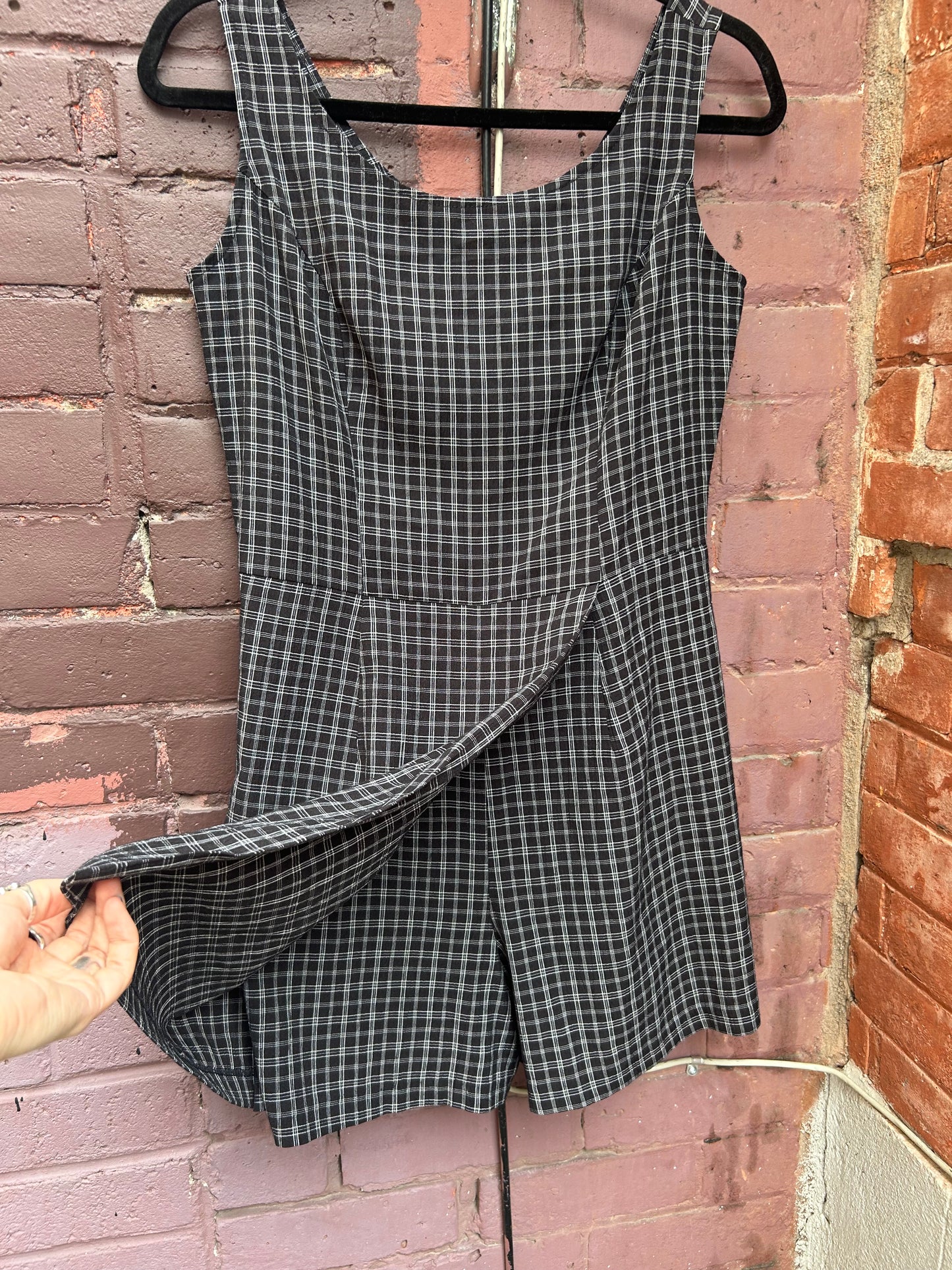 90's Vintage Black & White Plaid Romper / Size 6
