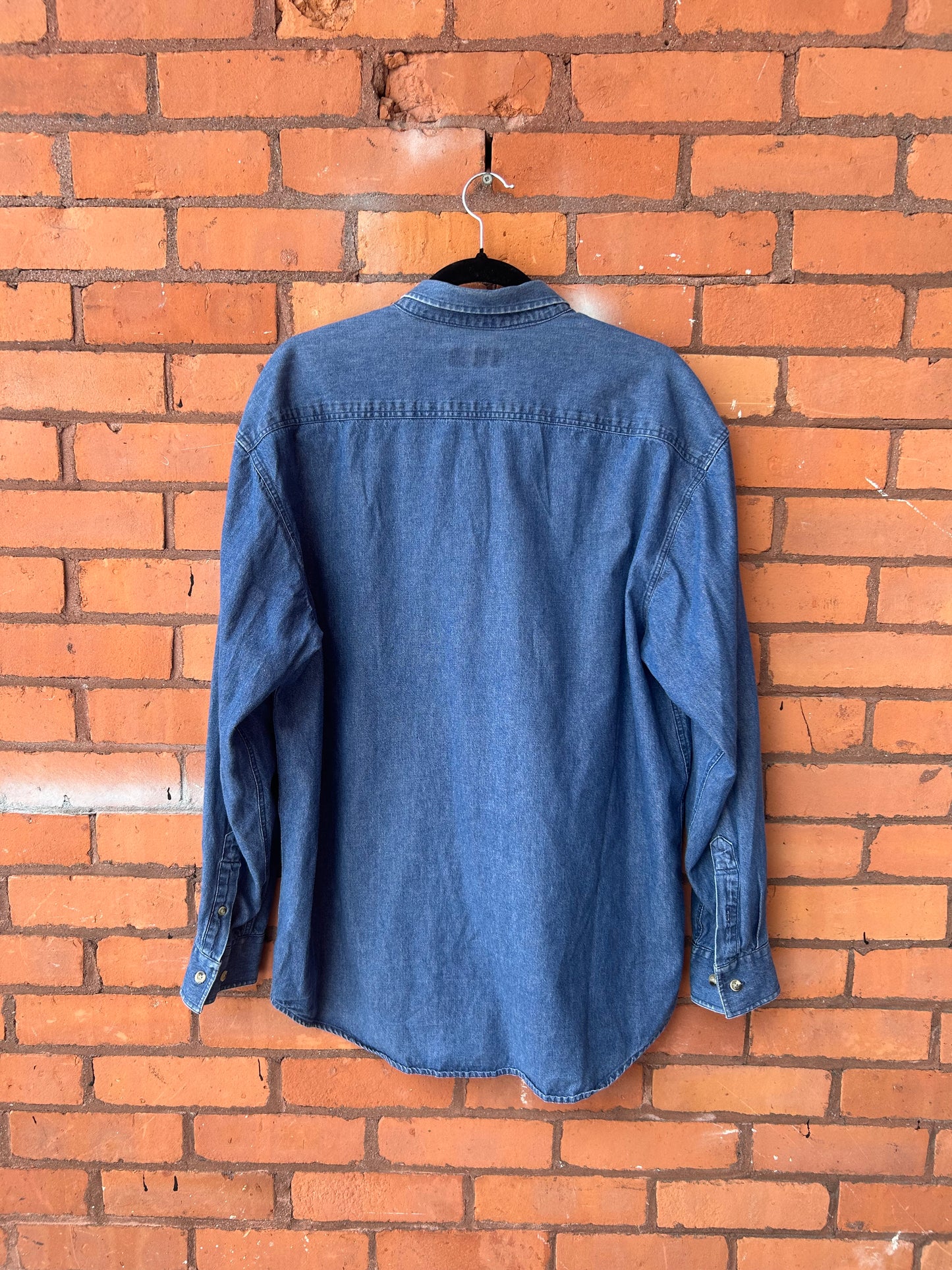 90’s Vintage Blue Denim Cotton Button Down Shirt / Size L