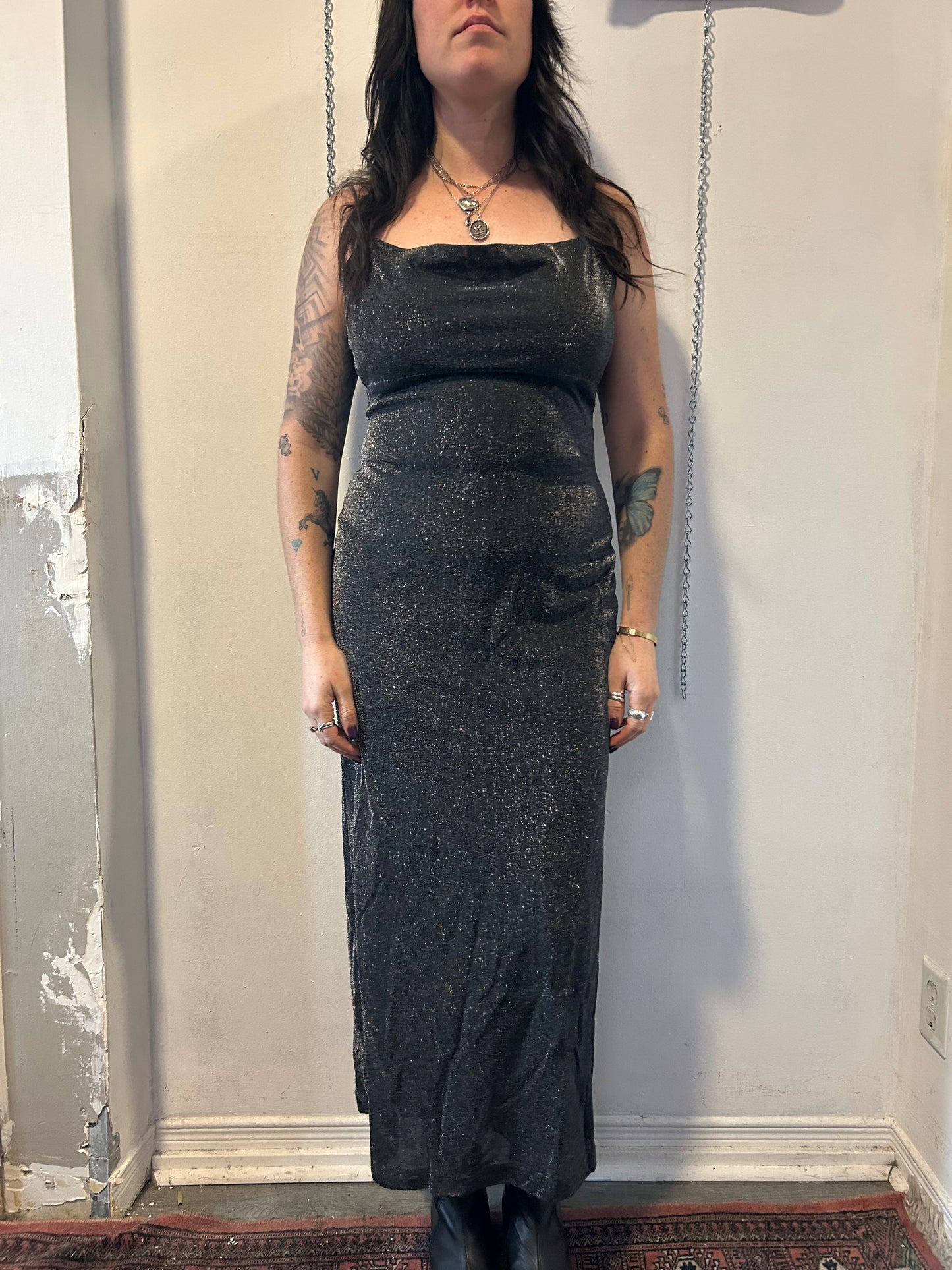 90’s Vintage Silver Sparkly Square Neck Maxi Dress / Size 10 - 12