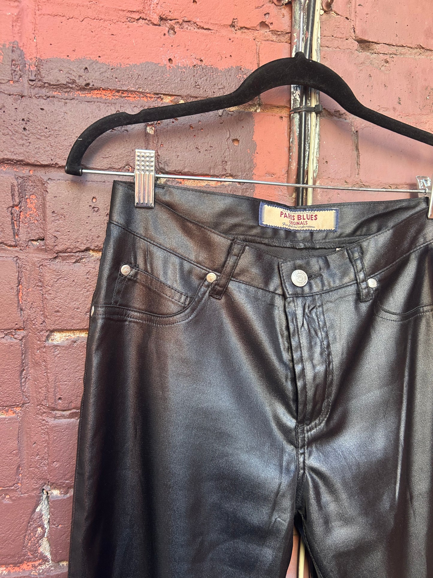 90's Vintage Black Wet Look Low Rise Flare Pants / 28 Waist