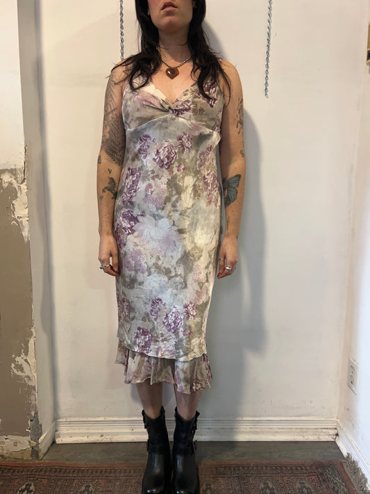 90’s Vintage Grey & Purple Floral Satin Midi Dress / Size 10-12