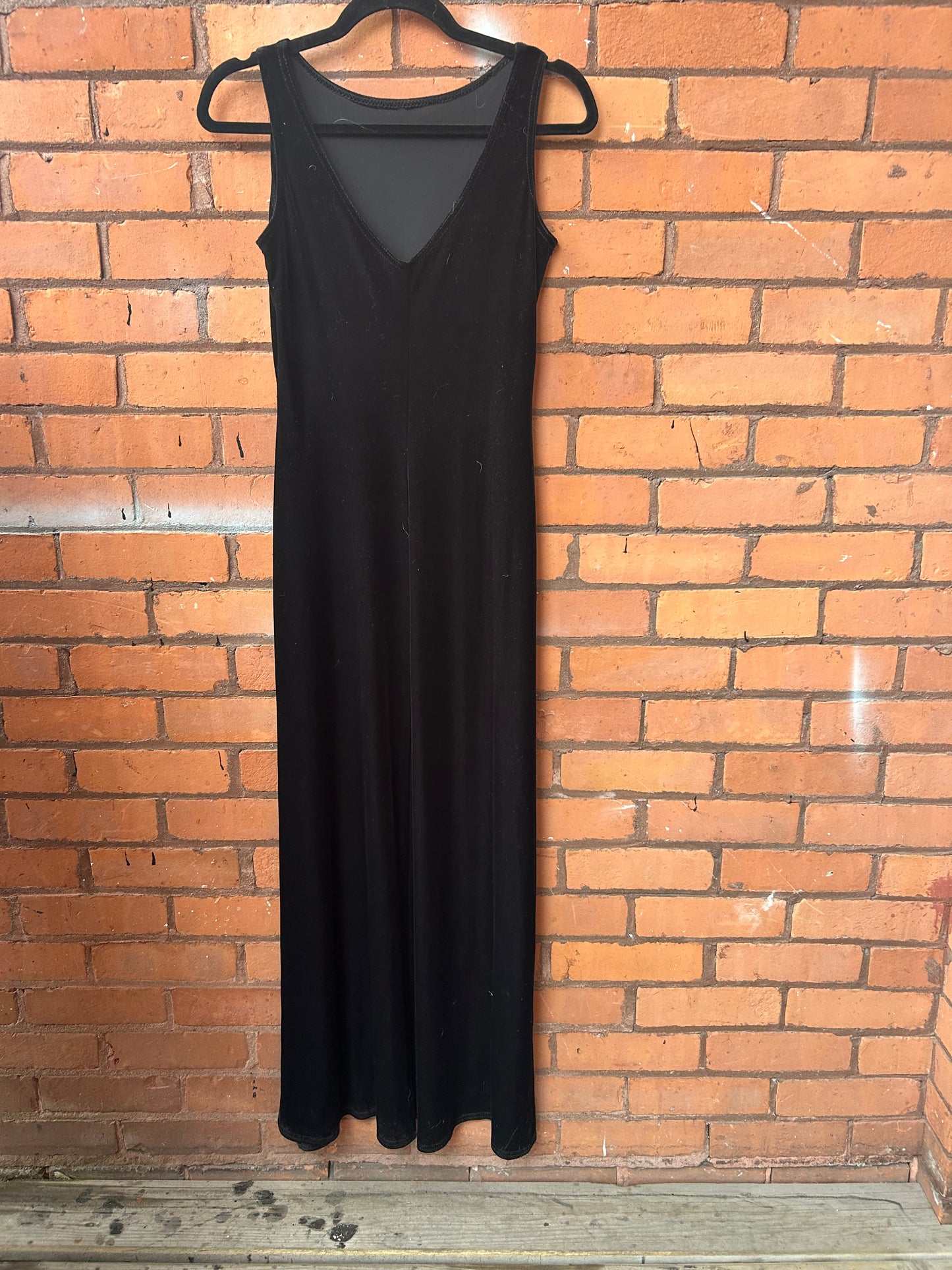 90’s Vintage Black Velvet High Neck Maxi Dress / Size 4-6
