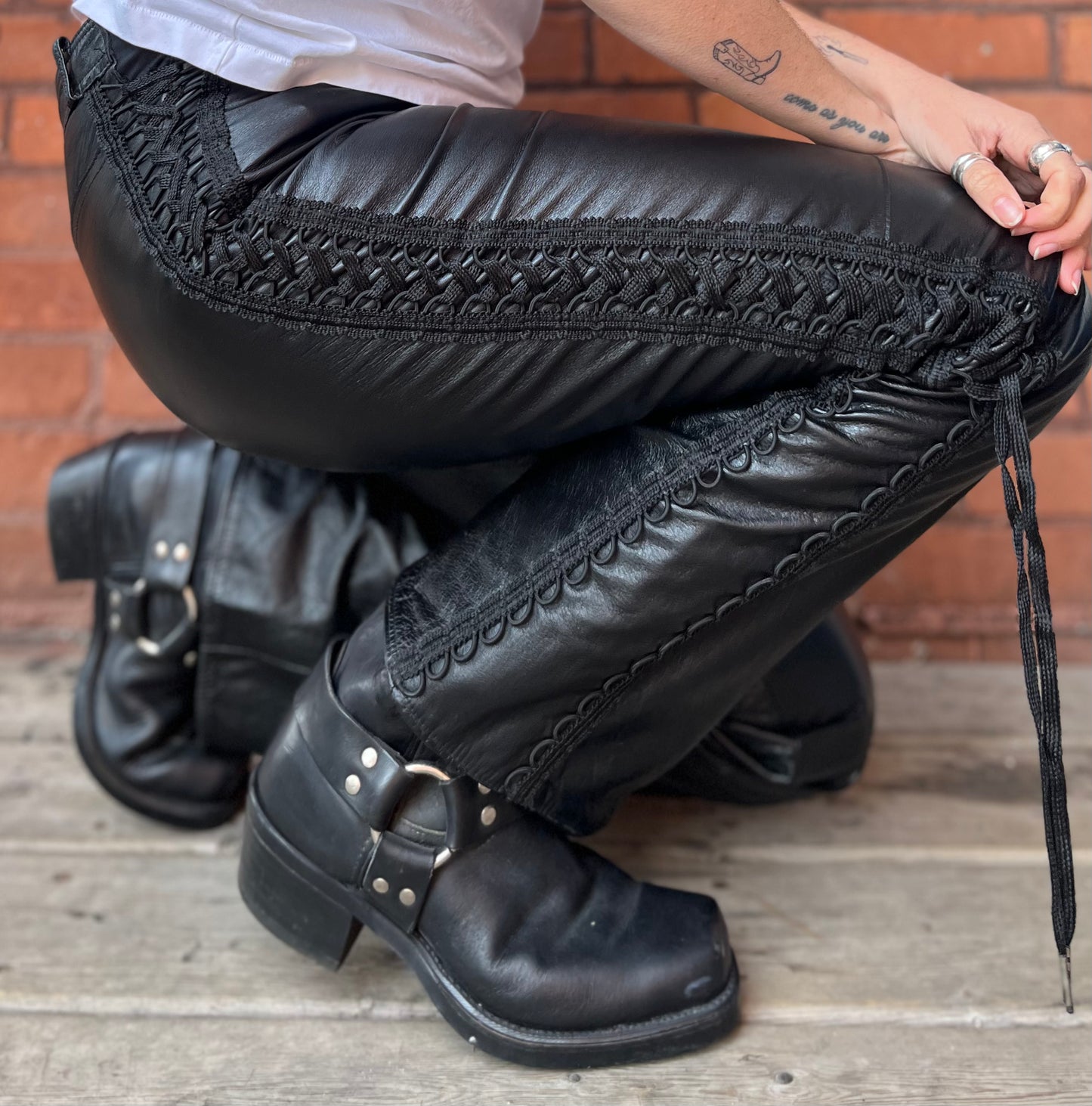 90’s Vintage Black Leather Lace Up Flare Pants / 30 Waist