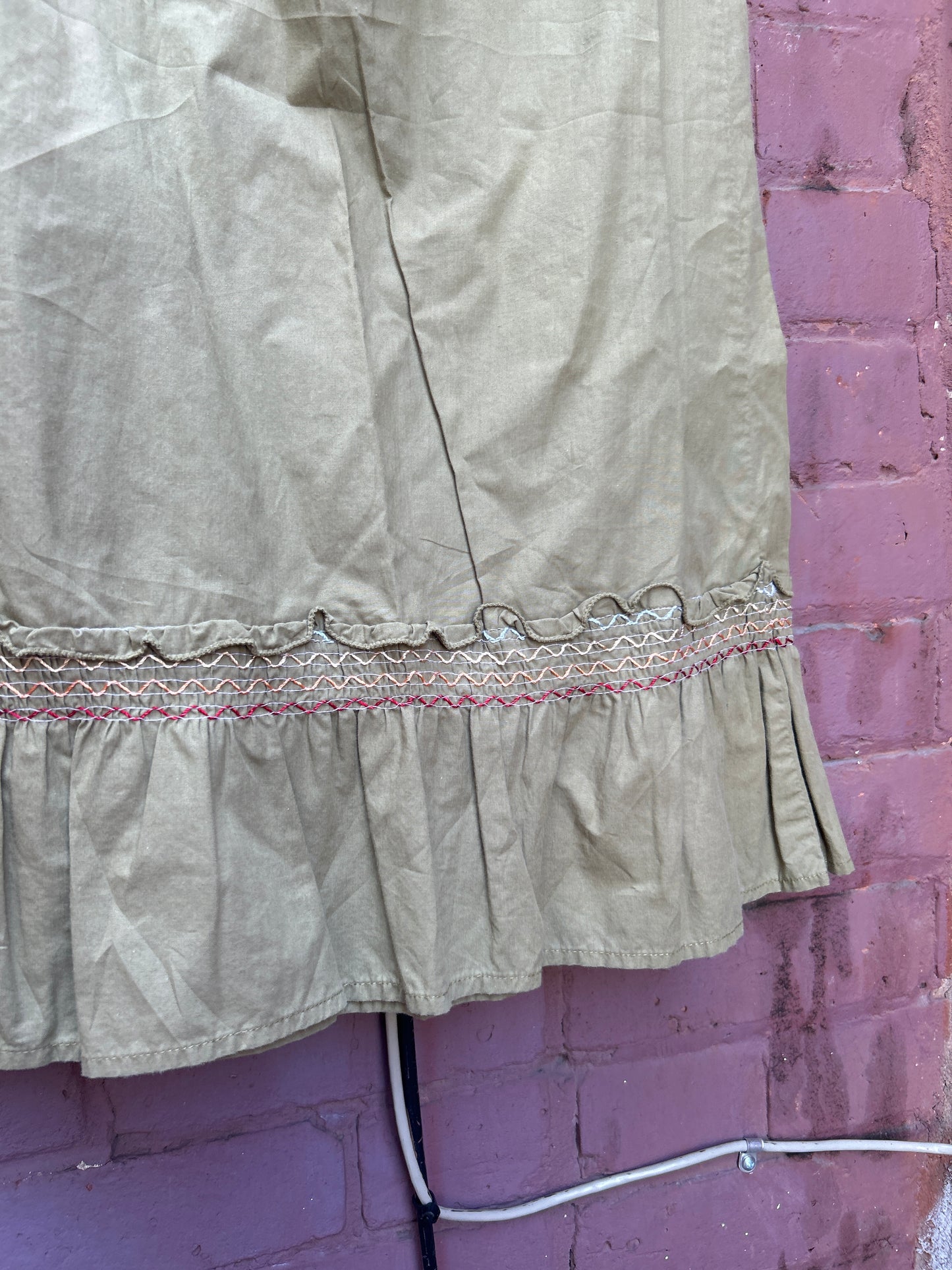 90's Vintage Olive Cotton Ruffle Midi Skirt / 26-28 Waist