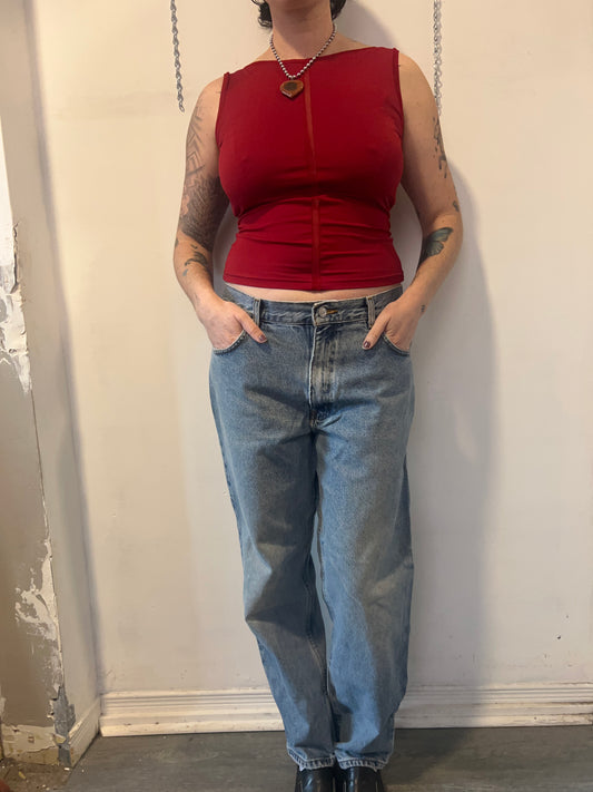 90's Vintage Red Mesh Detail High Neck Tank / Size M