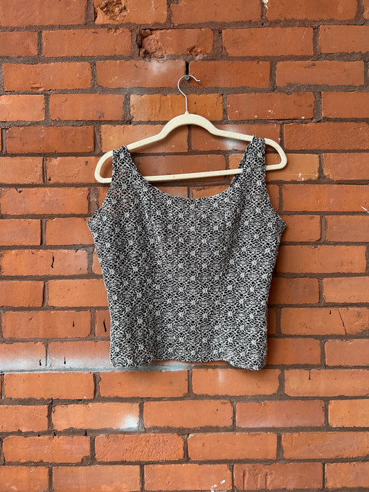 90’s Vintage White & Black Floral Lace Tank Top / Size XL